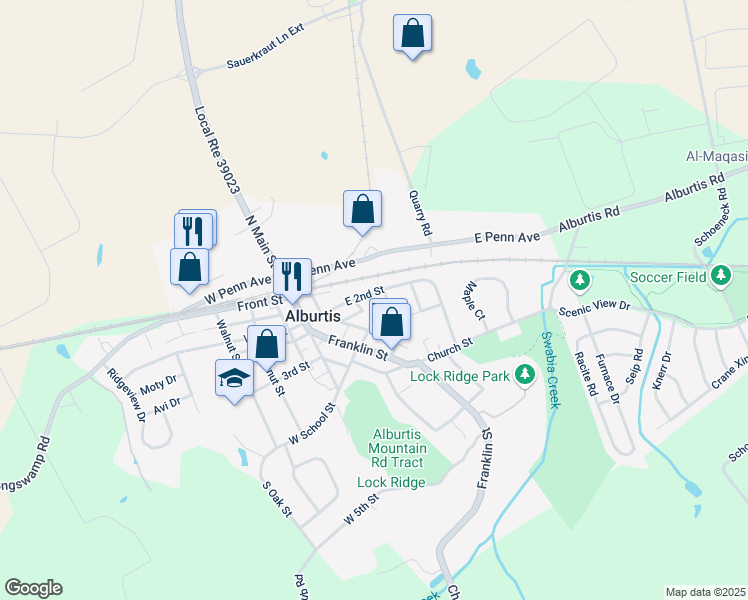 map of restaurants, bars, coffee shops, grocery stores, and more near 95 East 2nd Street in Alburtis