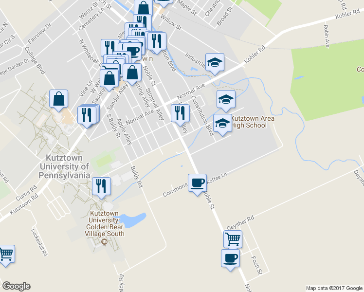 map of restaurants, bars, coffee shops, grocery stores, and more near 440 Noble Street in Kutztown