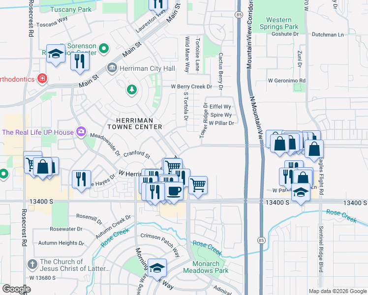 map of restaurants, bars, coffee shops, grocery stores, and more near 5017 Samana Lane in Herriman