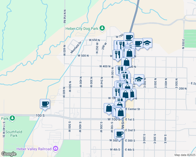 map of restaurants, bars, coffee shops, grocery stores, and more near 237 West 300 North in Heber City