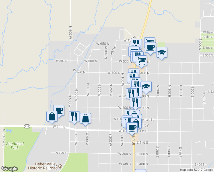 map of restaurants, bars, coffee shops, grocery stores, and more near 237 West 300 North in Heber City