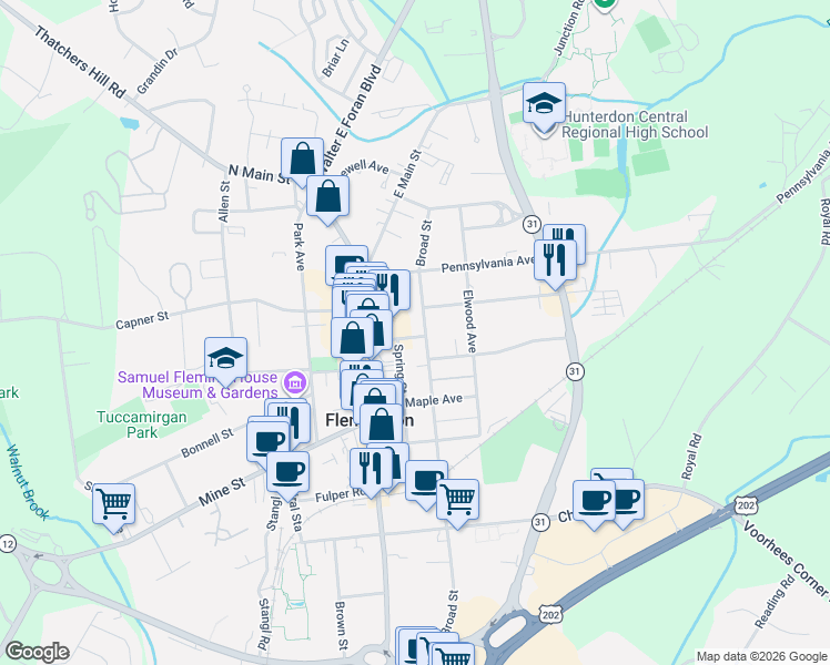 map of restaurants, bars, coffee shops, grocery stores, and more near 53A Broad Street in Flemington