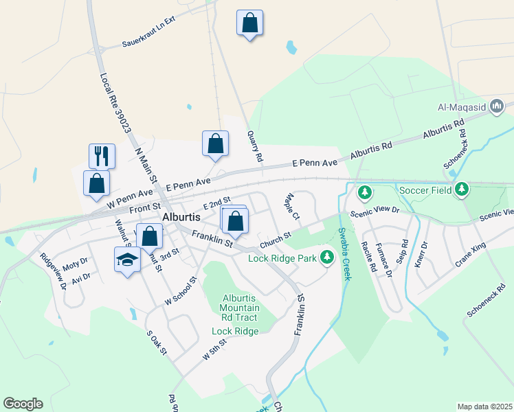 map of restaurants, bars, coffee shops, grocery stores, and more near 211 Park Lane in Alburtis