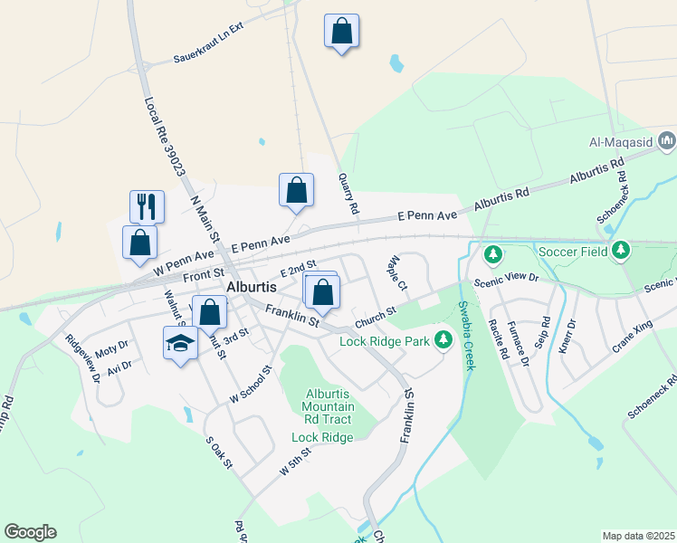 map of restaurants, bars, coffee shops, grocery stores, and more near 201 Park Lane in Alburtis