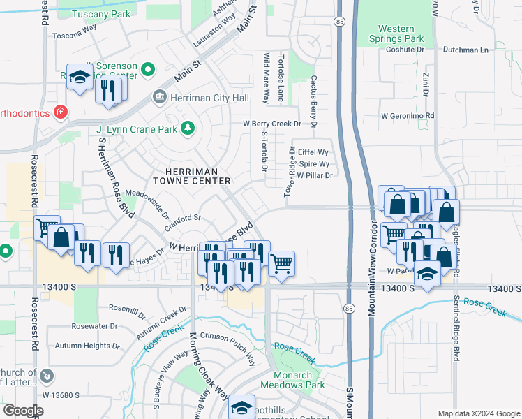 map of restaurants, bars, coffee shops, grocery stores, and more near 5017 Samana Lane in Herriman