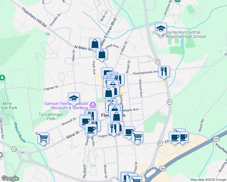 map of restaurants, bars, coffee shops, grocery stores, and more near in Flemington