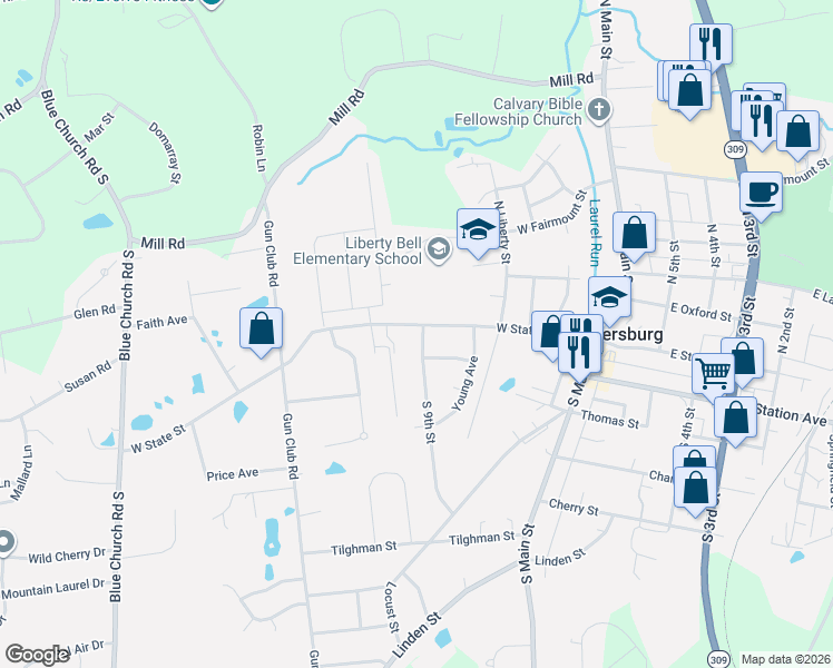 map of restaurants, bars, coffee shops, grocery stores, and more near 935 West State Street in Coopersburg