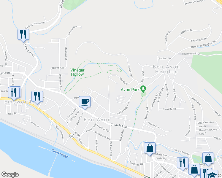 map of restaurants, bars, coffee shops, grocery stores, and more near 634 Dickson Avenue in Pittsburgh