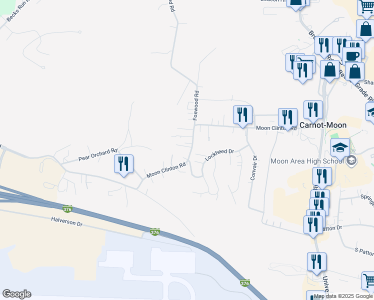 map of restaurants, bars, coffee shops, grocery stores, and more near 328 Moon Clinton Road in Carnot-Moon