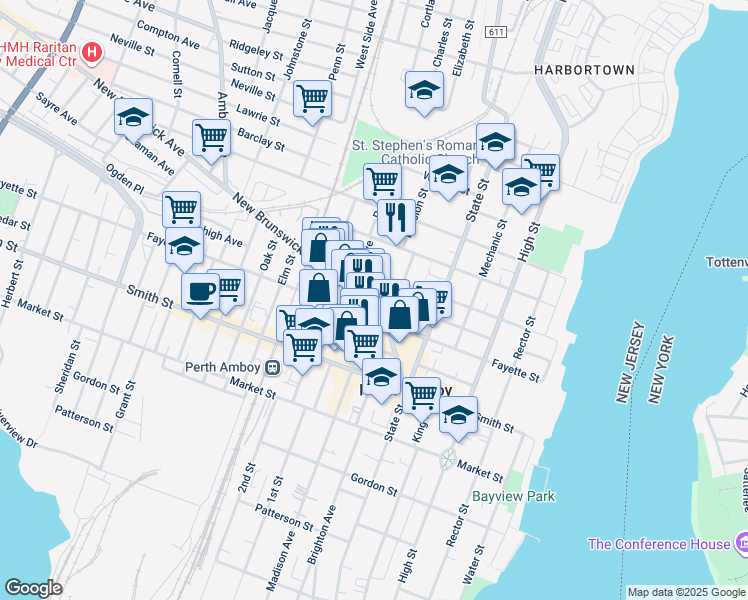 map of restaurants, bars, coffee shops, grocery stores, and more near 375 New Street in Perth Amboy