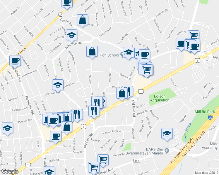 map of restaurants, bars, coffee shops, grocery stores, and more near 2 Center Street in Edison