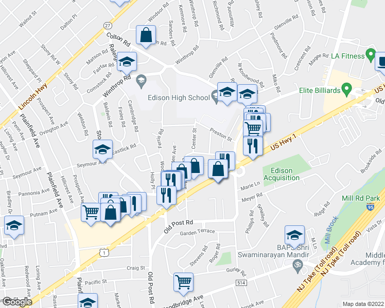 map of restaurants, bars, coffee shops, grocery stores, and more near 6 Center Street in Edison