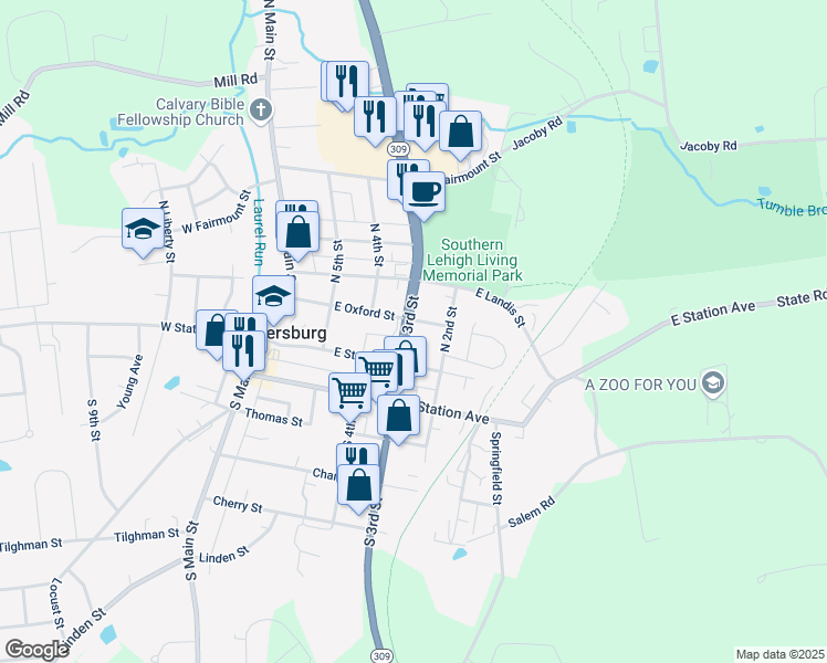 map of restaurants, bars, coffee shops, grocery stores, and more near 333 East Oxford Street in Coopersburg