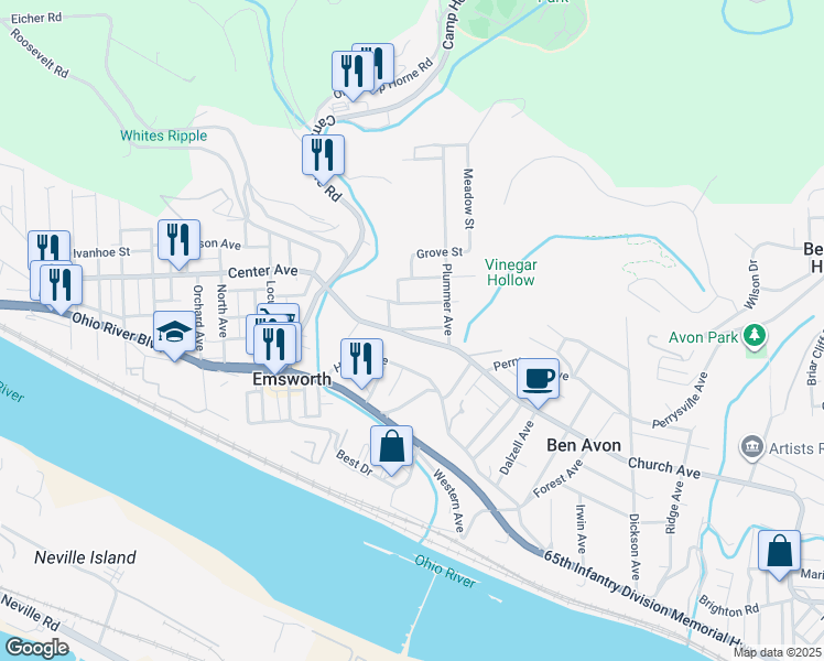 map of restaurants, bars, coffee shops, grocery stores, and more near 49 Courtney Street in Pittsburgh
