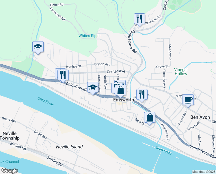 map of restaurants, bars, coffee shops, grocery stores, and more near 170 North Avenue in Pittsburgh
