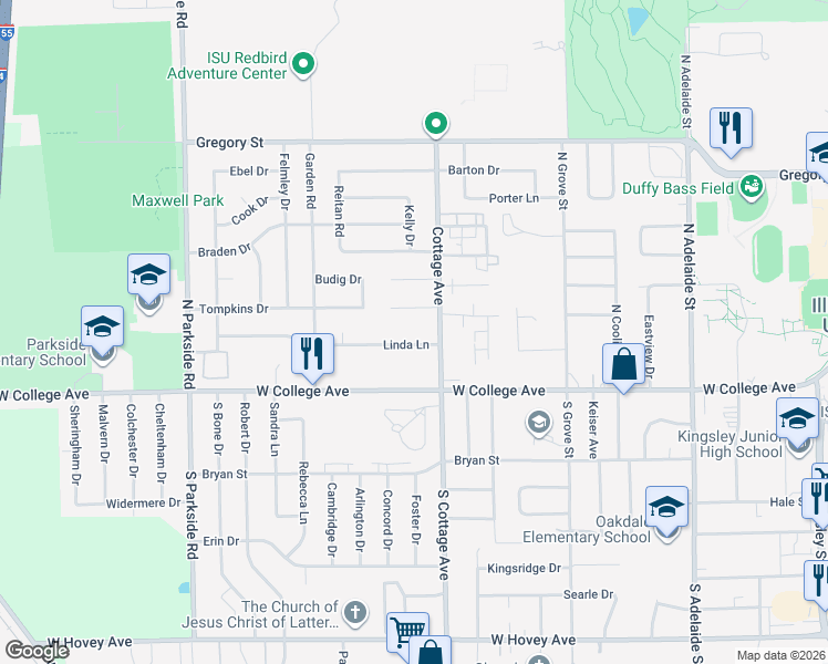 map of restaurants, bars, coffee shops, grocery stores, and more near 1611 Sanderson Court in Normal