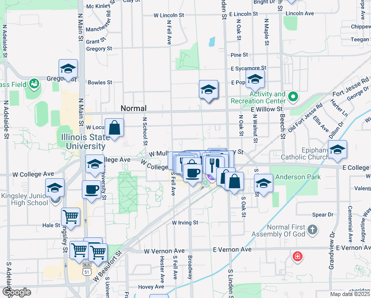 map of restaurants, bars, coffee shops, grocery stores, and more near 112 West Mulberry Street in Normal