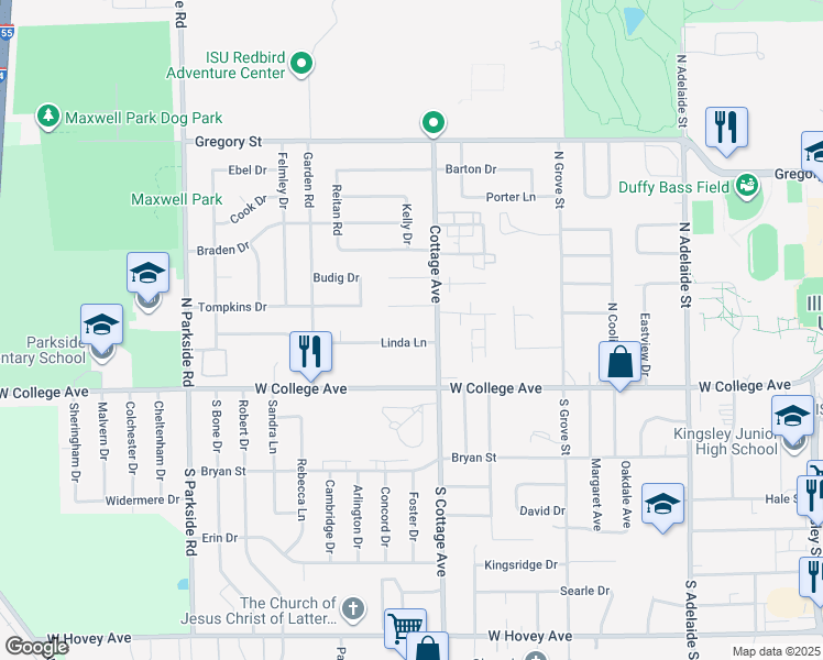 map of restaurants, bars, coffee shops, grocery stores, and more near 1611 Sanderson Court in Normal