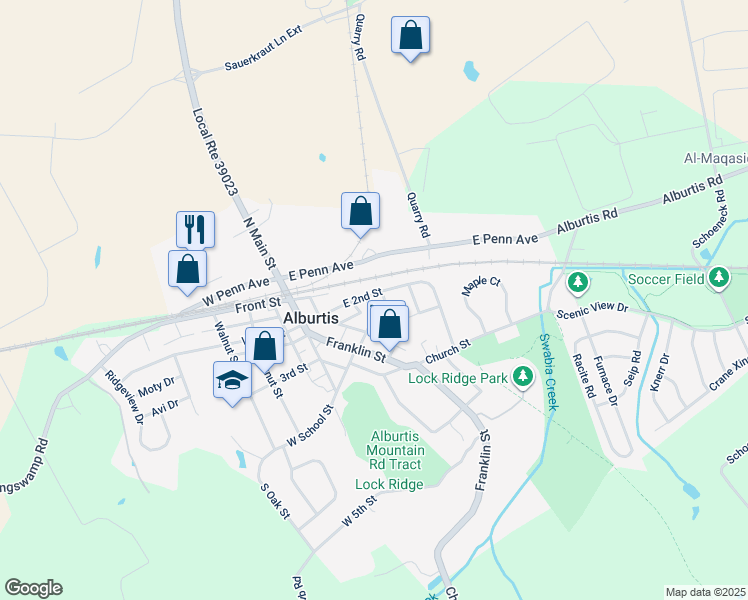 map of restaurants, bars, coffee shops, grocery stores, and more near 80 East 2nd Street in Alburtis