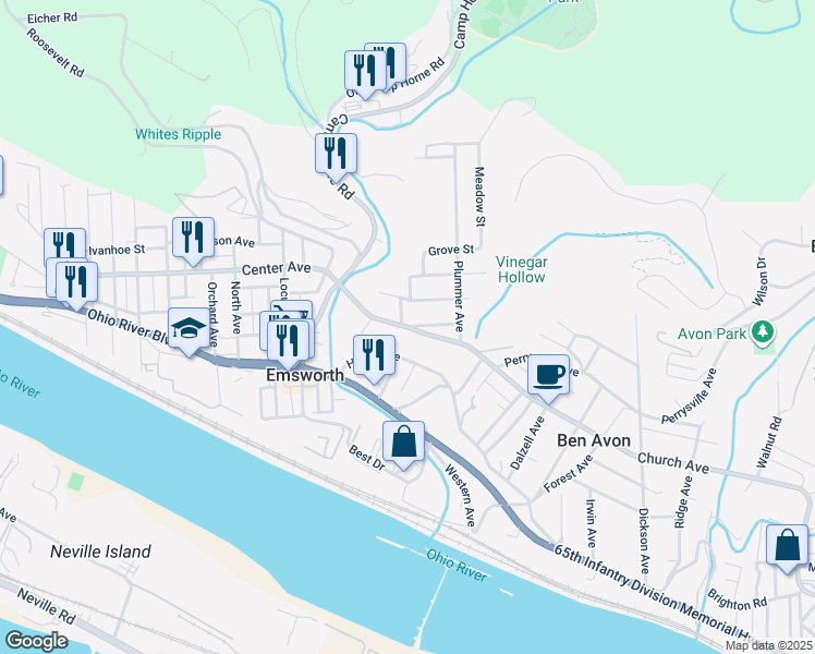 map of restaurants, bars, coffee shops, grocery stores, and more near 120 Pittsburgh Street in Emsworth