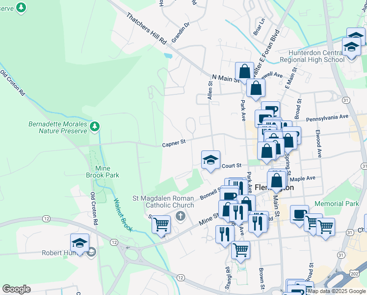 map of restaurants, bars, coffee shops, grocery stores, and more near 17 Prospect Hill in Flemington
