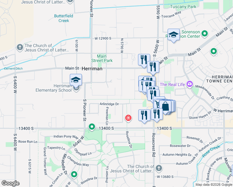 map of restaurants, bars, coffee shops, grocery stores, and more near 13249 South Shearing Cove in Herriman