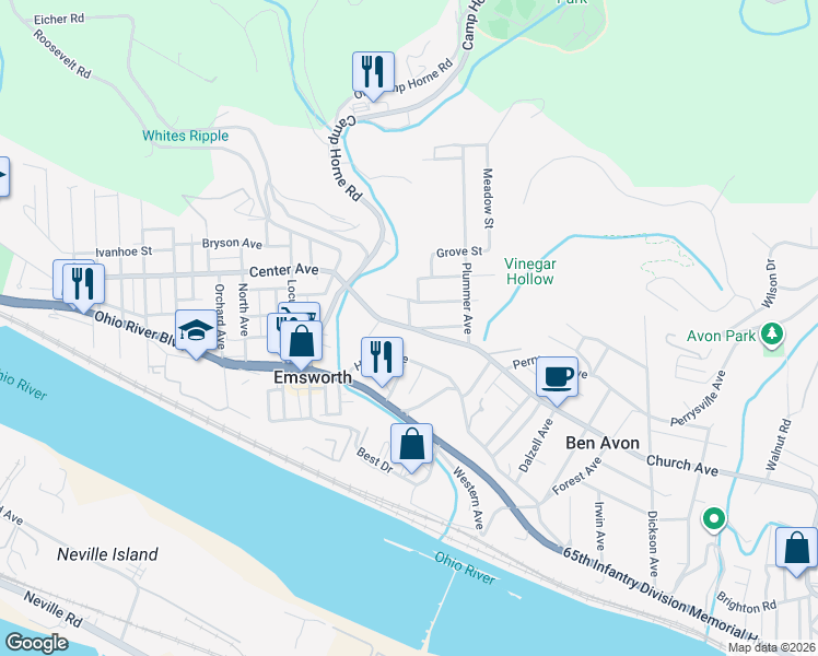 map of restaurants, bars, coffee shops, grocery stores, and more near 82 Center Avenue in Emsworth