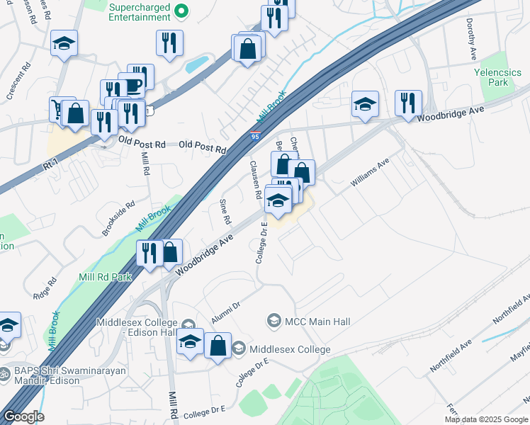 map of restaurants, bars, coffee shops, grocery stores, and more near 2600 Woodbridge Avenue in Edison