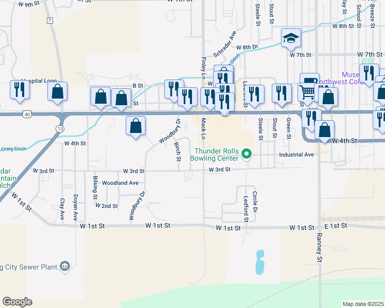 map of restaurants, bars, coffee shops, grocery stores, and more near 345 Apple Street in Craig