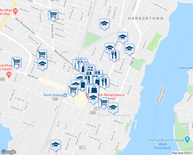 map of restaurants, bars, coffee shops, grocery stores, and more near 367 Division Street in Perth Amboy