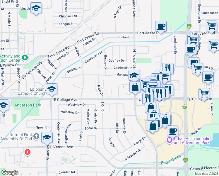 map of restaurants, bars, coffee shops, grocery stores, and more near 1402 East College Avenue in Normal