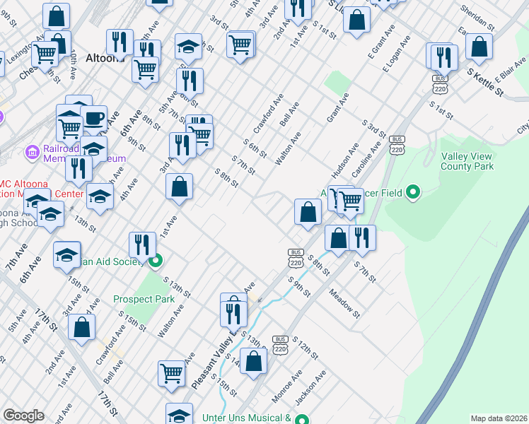 map of restaurants, bars, coffee shops, grocery stores, and more near 404-06 South 8th Street in Altoona