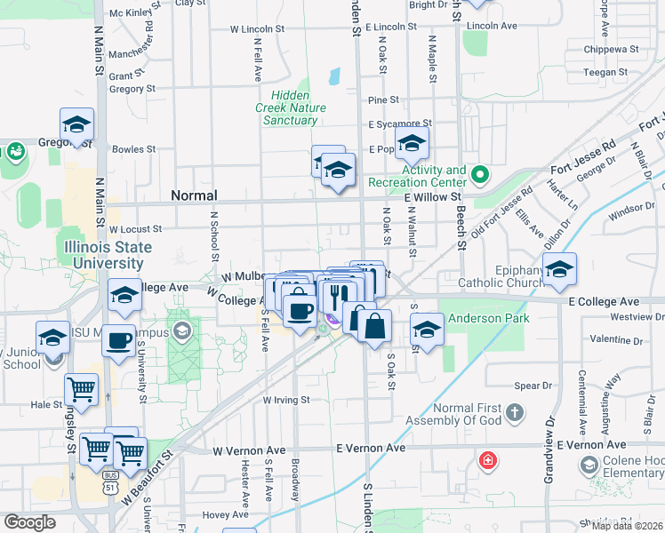 map of restaurants, bars, coffee shops, grocery stores, and more near 102 East Mulberry Street in Normal