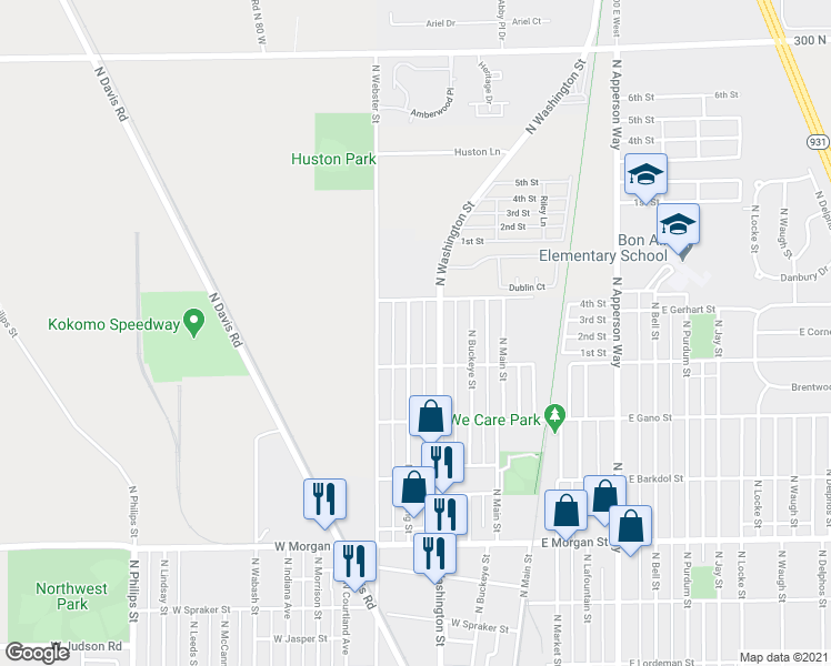 map of restaurants, bars, coffee shops, grocery stores, and more near 2528 North Armstrong Street in Kokomo