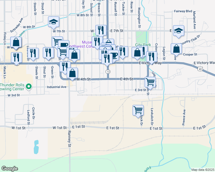 map of restaurants, bars, coffee shops, grocery stores, and more near 301-399 Yampa Avenue in Craig