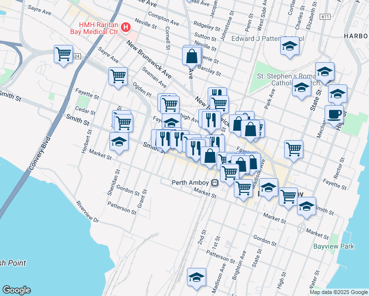 map of restaurants, bars, coffee shops, grocery stores, and more near 333 Prospect Street in Perth Amboy