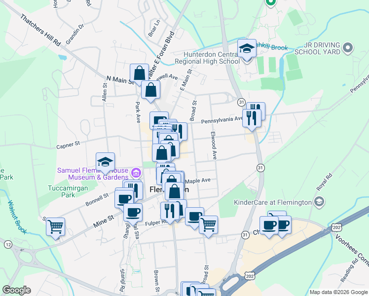map of restaurants, bars, coffee shops, grocery stores, and more near 53A Broad Street in Flemington