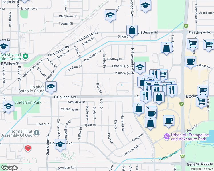 map of restaurants, bars, coffee shops, grocery stores, and more near 1402 East College Avenue in Normal