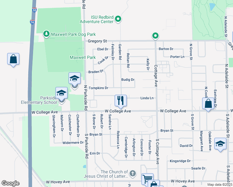 map of restaurants, bars, coffee shops, grocery stores, and more near 1707 Tompkins Drive in Normal