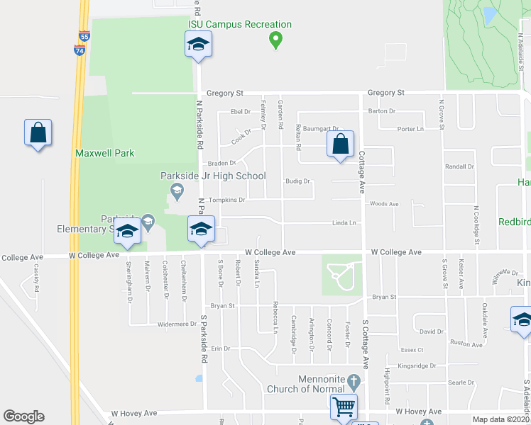 map of restaurants, bars, coffee shops, grocery stores, and more near 1707 Tompkins Drive in Normal