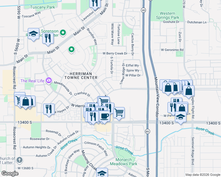 map of restaurants, bars, coffee shops, grocery stores, and more near 5017 Samana Lane in Herriman