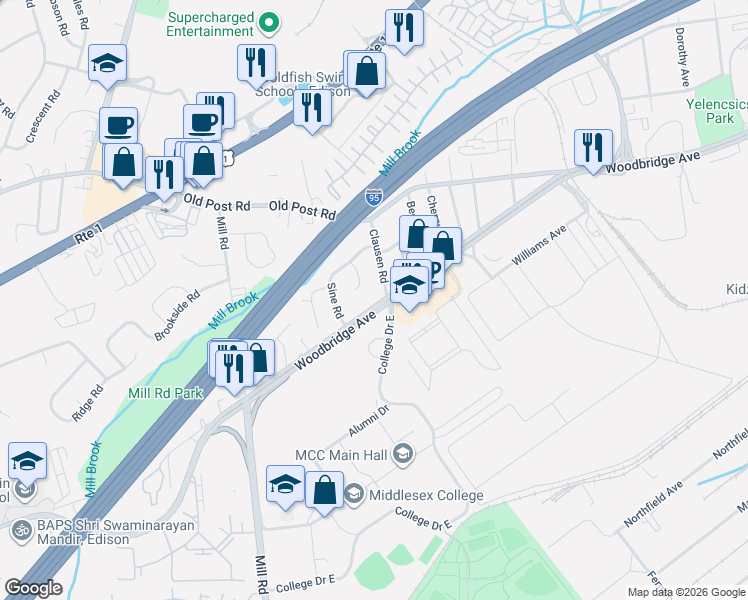 map of restaurants, bars, coffee shops, grocery stores, and more near 2705 Woodbridge Avenue in Edison