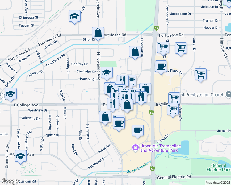map of restaurants, bars, coffee shops, grocery stores, and more near 1514 Dustin Drive in Normal
