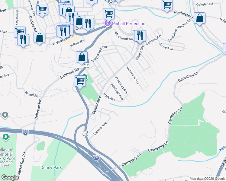 map of restaurants, bars, coffee shops, grocery stores, and more near 14 Oakley Avenue in West View