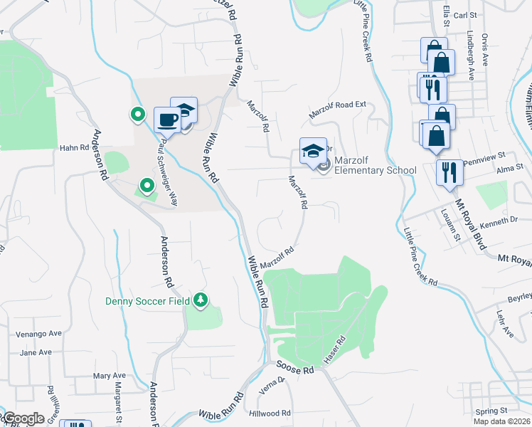 map of restaurants, bars, coffee shops, grocery stores, and more near 3027 Meyeridge Rd in Pittsburgh