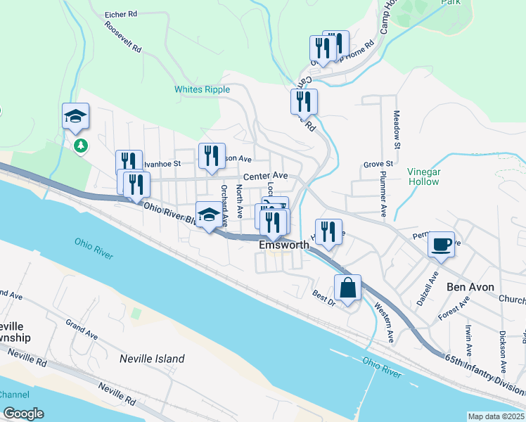 map of restaurants, bars, coffee shops, grocery stores, and more near 10 Walnut Street in Pittsburgh