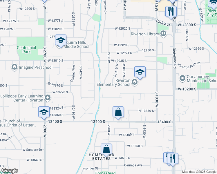 map of restaurants, bars, coffee shops, grocery stores, and more near 2141 West 13180 South in Riverton