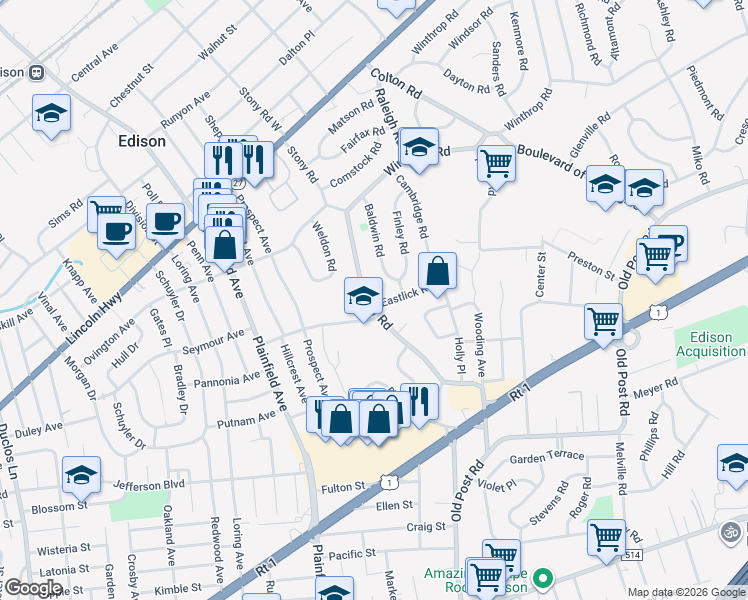 map of restaurants, bars, coffee shops, grocery stores, and more near 69 Stony Road in Edison