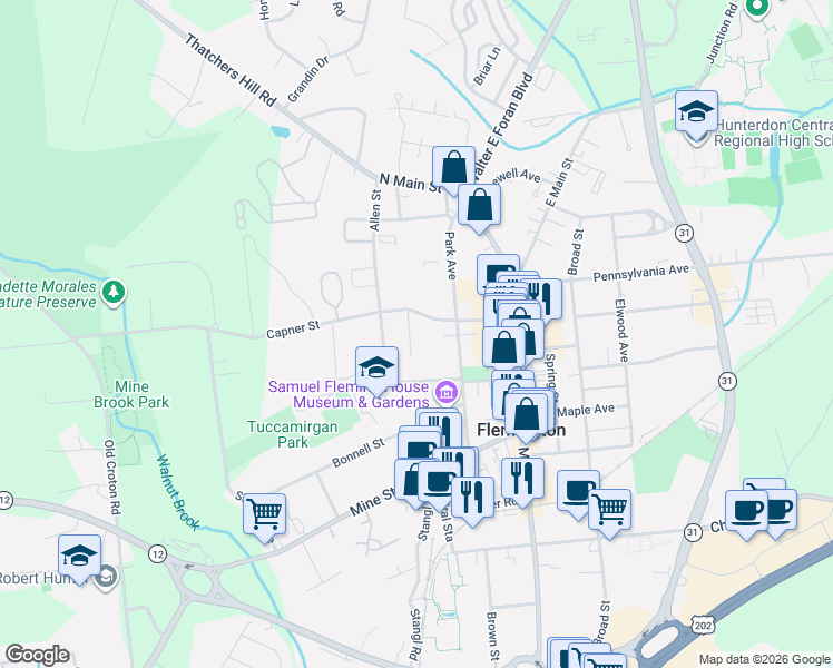map of restaurants, bars, coffee shops, grocery stores, and more near 3 Abbott Court in Flemington