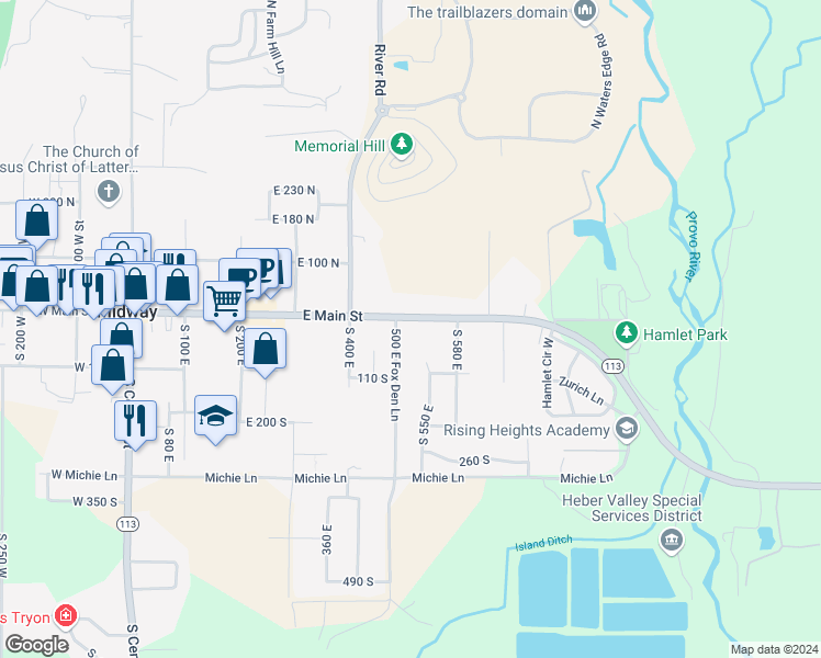map of restaurants, bars, coffee shops, grocery stores, and more near 528 East Main Street in Midway